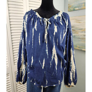 Knox Rose Tie Dye Peasant Top XL Navy Ivory Balloon Sleeve Flowy Boho Tunic